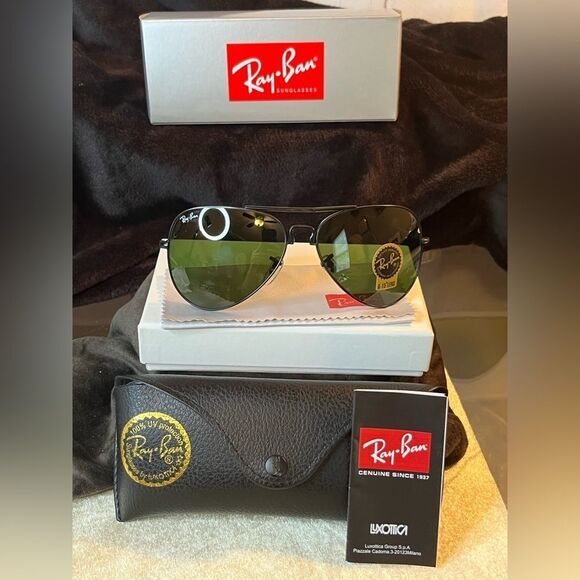 New Foldable Rayban G-15 Black Green Lense Aviator Sunglasses - Picture 1 of 11